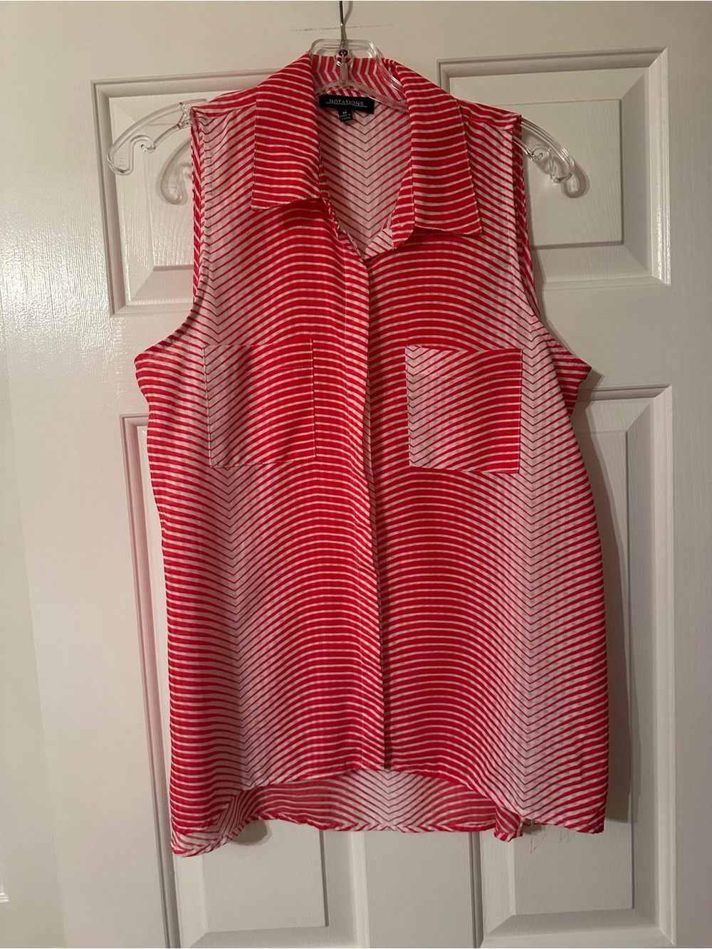 Notations Red & White Sleeveless Striped Collared Blouse